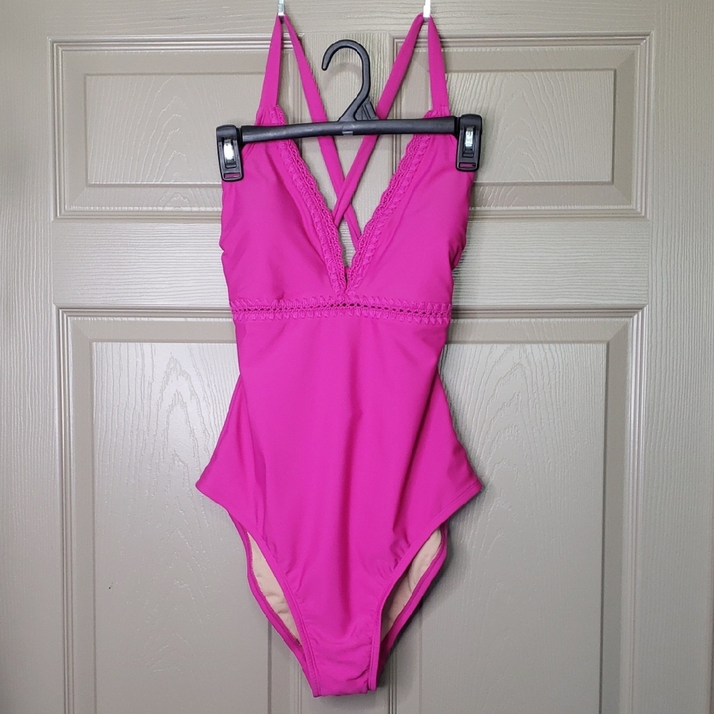 NWT Kona Sol Hot Pink One-Piece Crochet Detail Swimsuit Size Large 12-14